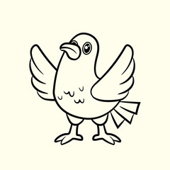Cute Cartoon Bird Standing and Opening Its Wings. Thin line illustration.