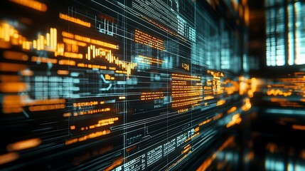 Abstract digital data stream visualized with glowing orange and teal code.