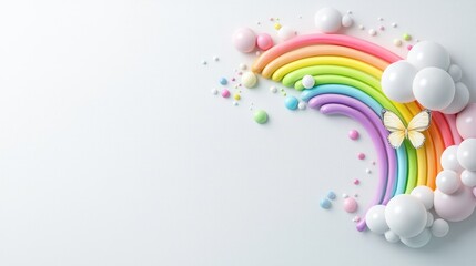 Pastel rainbow, butterfly, balloons, white background; children's design