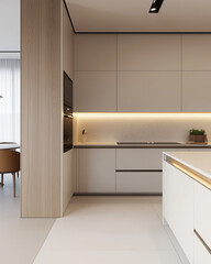 A minimalist kitchen with white cabinets and a light grey stone countertop, a light wood wall panel with subtle lighting, a white floor, a neutral color palette