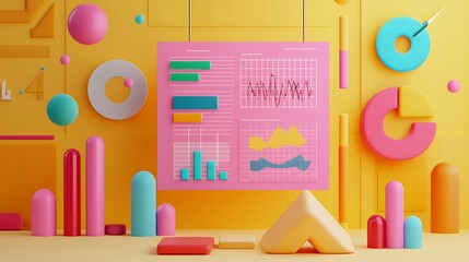 Colorful 3D Abstract Background with Charts and Geometric Shapes