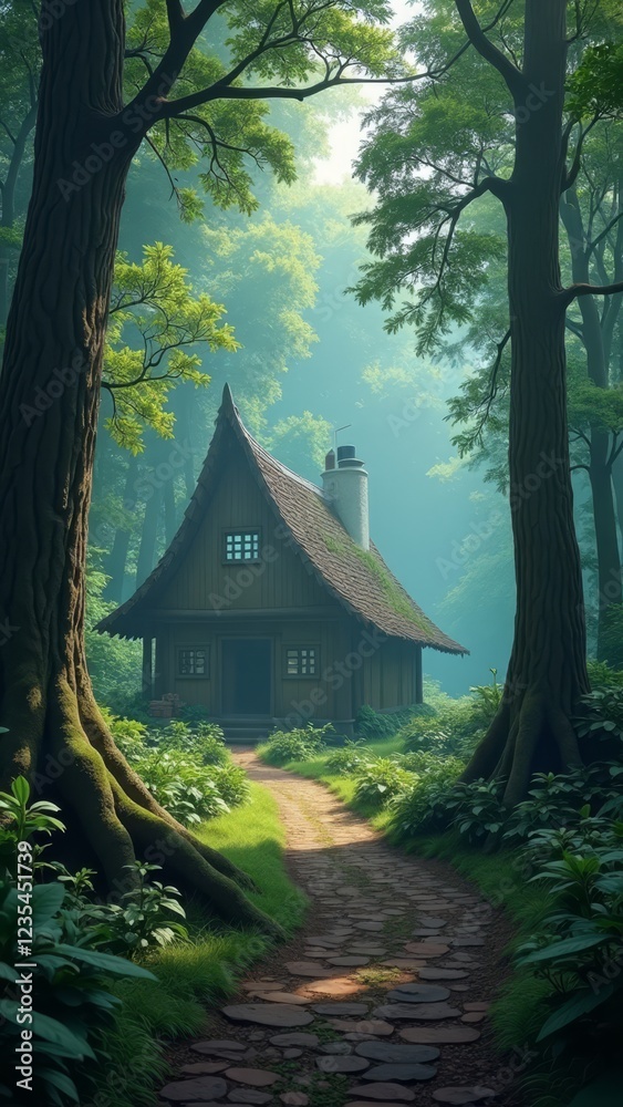 Wall mural A serene, moss-covered cottage nestled in the heart of a lush forest