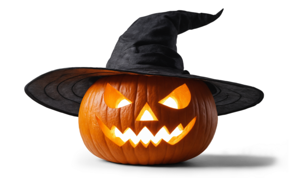 carved pumpkin jack-o'-lantern with witch's hat