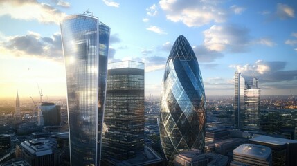 Looking skyward at the London financial district reflective skyscrapers, showcasing modern urban design.