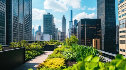 Fototapeta premium Lush rooftop garden surrounded by city skyscrapers, creating a vibrant and eco-friendly contrast in an urban setting.