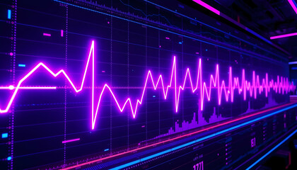 Stock market chart, financial data visualization, glowing neon lines, candlestick graph, digital trading display, blue and red colors, blurred background, financial district, economic indicators, high