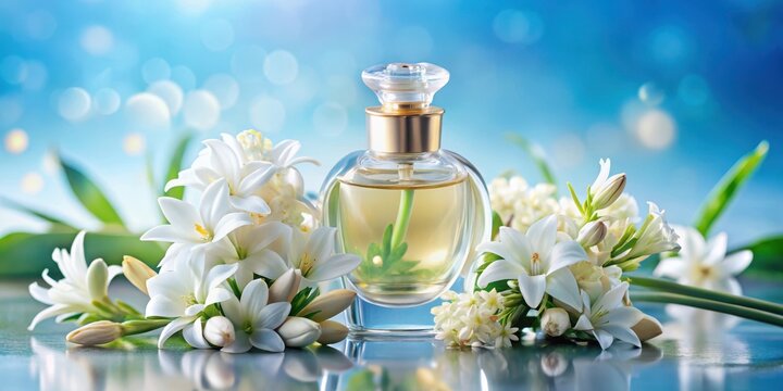 Exotic tuberose perfume bottle surrounded by fragrant flowers on a soothing blue background, showcasing the beauty of nature's scents and colors, sophistication, fragrance