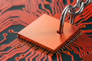 close up of microchip with chain symbolizing cybersecurity and protection. image highlights concept of advanced malware protection and digital security