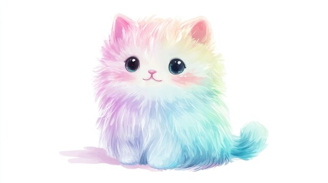 Rainbow kitten sitting, white background, cute pet, digital art, phone wallpaper