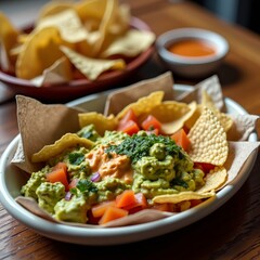 A bowl of guacamole and tortilla chips on a wooden table