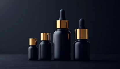 Obraz premium Black cosmetic bottles with golden accents, isolated on a dark background. Vector illustration,