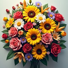 Naklejka premium A vibrant bouquet of roses, sunflowers, and daisies