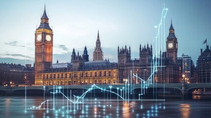 Fototapeta premium Parliament building with a rising financial chart in the foreground, representing economic stability and governance.