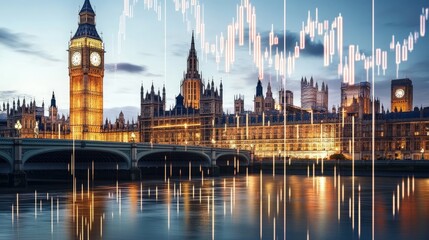 Fototapeta premium Parliament building with a rising financial chart in the foreground, representing economic stability and governance.