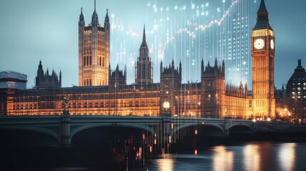 Fototapeta premium Parliament building with upward financial graph, illustrating governance and steady economic development in a sleek design.