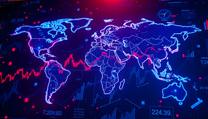 Stock market chart, financial data visualization, glowing neon lines, candlestick graph, digital trading display, blue and red colors, blurred background, financial district, economic indicators, high