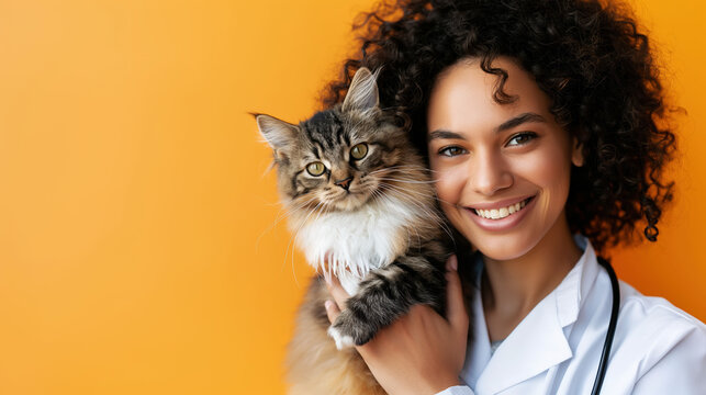 Cheerful veterinarian with curly hair holds a fluffy cat against a bright orange background in a clean, modern setting