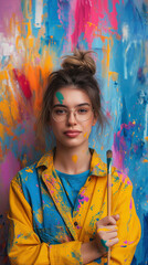 Fototapeta premium Creative portrait of a colorful artist holding a paintbrush with vibrant background splashes