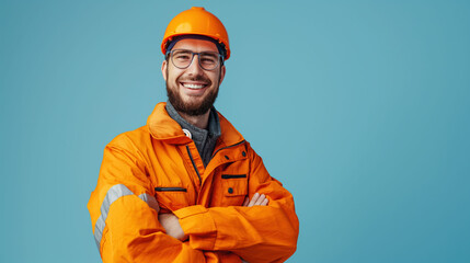 Sanitation worker in bright orange uniform smiling against a minimalist blue background