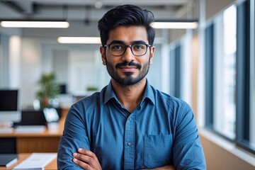 Obraz premium Confident Young Indian Man Professional Portrait in Vibrant Office Environment