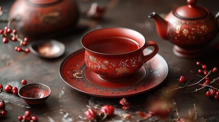 Fototapeta premium Red tea set on a dark table with intricate details, surrounded by warm decorative elements, creating a charming, intimate atmosphere.