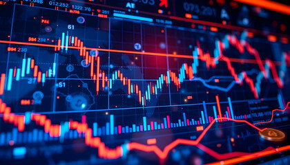 Stock market chart, financial data visualization, glowing neon lines, candlestick graph, digital trading display, blue and red colors, blurred background, financial district, economic indicators, high