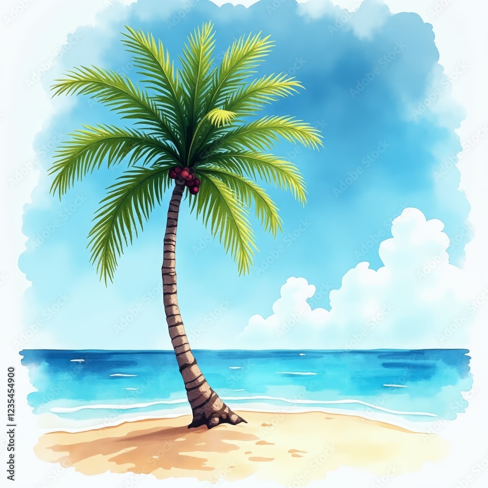 Wall mural A solitary palm tree stands on a sandy beach, its slender trunk swaying gently in the ocean breeze