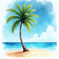 A solitary palm tree stands on a sandy beach, its slender trunk swaying gently in the ocean breeze