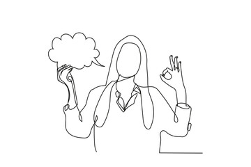 line drawing depicts a woman with long hair making an OK hand gesture. A thought bubble floats beside her