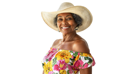 portrait of a person depicting a beachgoer lifestyle, wearing a floral sundress and wide-brimmed hat, smiling radiantly, isolated on a white background