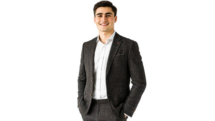 portrait of a person depicting an entrepreneurial lifestyle, wearing a tailored blazer and smart casual trousers, smiling confidently, isolated on a white background