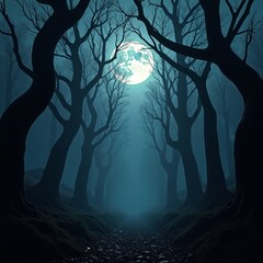 A hauntingly beautiful night scene, with a full moon shining through the trees
