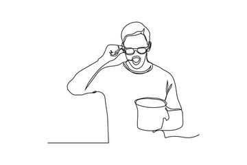 Oneline drawing man eating soup glasses surprised taste