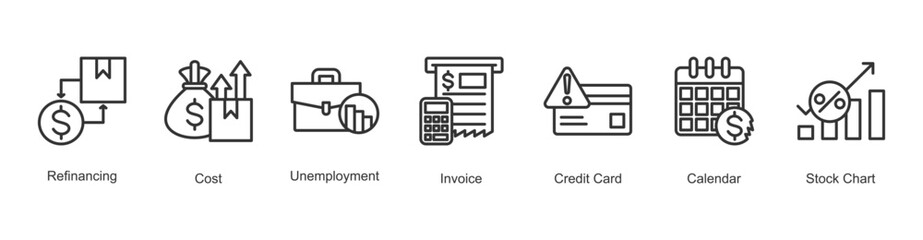 Execution Icon Refinancing, Cost, Unemployment, Invoice, Credit Card, Calendar, Stock Chart
