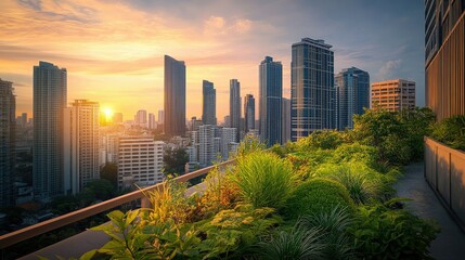 Obraz premium Rooftop garden filled with vibrant greenery, nestled among towering skyscrapers, showcasing sustainability in an urban environment.