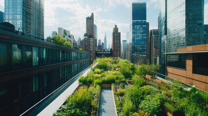 Fototapeta premium Rooftop garden flourishing with lush greenery, framed by tall buildings, showcasing urban sustainability and innovation.