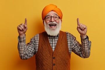 Happy Indian senior man in turban pointing upwards against yellow background. Cheerful Indian elderly man with a white beard, wearing a turban and glasses, smiling and pointing up against
