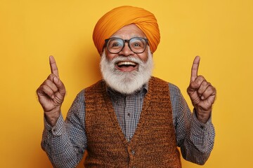 Happy Indian senior man in turban pointing upwards against yellow background. Cheerful Indian elderly man with a white beard, wearing a turban and glasses, smiling and pointing up against