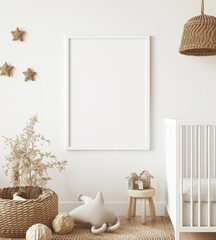 A serene nursery featuring a blank frame, woven decor, and soft textures, evoking a calming atmosphere for a child's space.