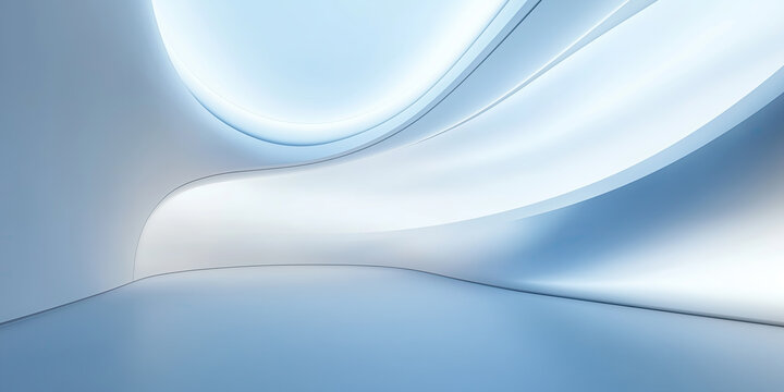 Empty space inside futuristic room, showroom, spaceship, hall or studio in perspective. Include ceiling, hidden light, white floor and abstract shape. Modern interior background of future, technology.