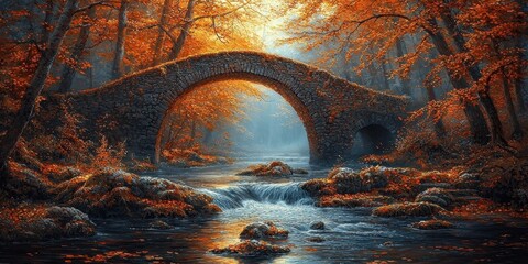 Fototapeta premium A tranquil autumn bridge crossing over a gentle stream, surrounded by trees glowing in fiery red and orange hues. Fallen leaves float quietly on the water, adding texture and depth to the view. 