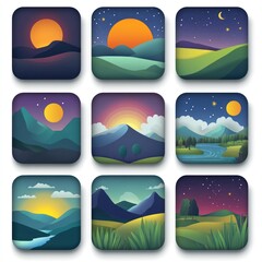 Obraz premium Nine scenic landscape illustrations featuring sun moon and stars