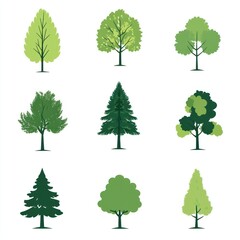 Nine stylized trees display various shapes and shades of green