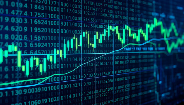 stock market chart, financial data visualization, candlestick graph, blue and green glowing lines, digital numbers background, trading analytics, futuristic interface, economic trends, data stream, ne
