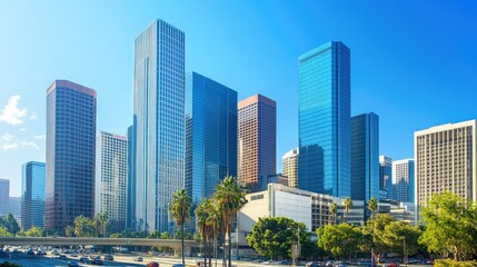 Sleek glass skyscrapers and office buildings forming a modern urban skyline under a cloudless blue sky.