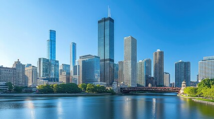 Fototapeta premium Sleek glass skyscrapers and office buildings forming a modern urban skyline under a cloudless blue sky.