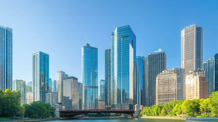 Sleek glass skyscrapers and office buildings forming a modern urban skyline under a cloudless blue sky.