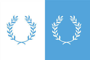 A set of two laurel wreath icons. One blue wreath on a white background and one white wreath on a blue background. Vector symbol for victory, peace, and honor. © JustPrint