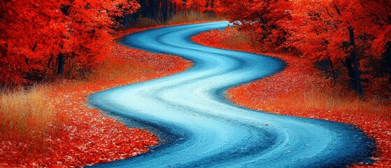 A tranquil autumn forest filled with trees in fiery hues of orange, red, and gold. Fallen leaves scatter across a winding path illuminated by the soft light of an afternoon sun. The crisp air 
