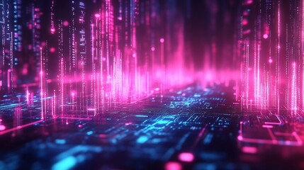 Fototapeta premium Vibrant pink blue digital streams flow dynamically across a circuit board creating a futuristic aesthetic. AI Generated